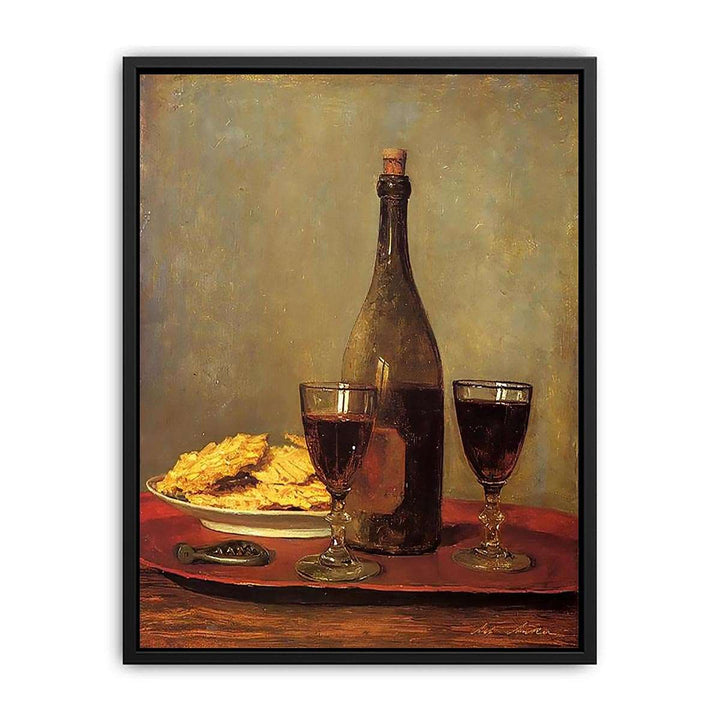 Still Life: Two Glass of Red Wine, a Bottle of Wine; a Corkscrew and a Plate of Biscuits on a Tray  Painting