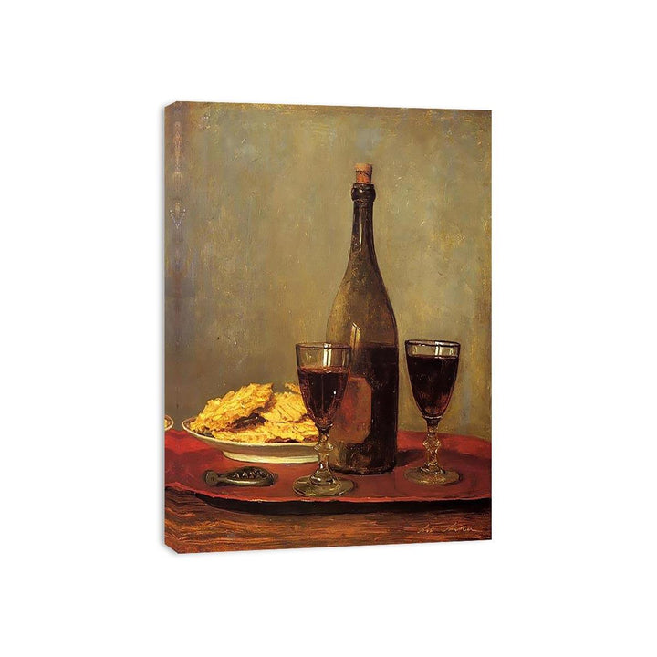 Still Life: Two Glass of Red Wine, a Bottle of Wine; a Corkscrew and a Plate of Biscuits on a Tray Canvas Print