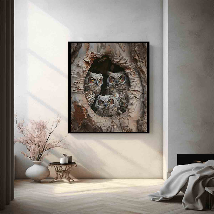 Baby Owls InTheHollow Tree. Art Print