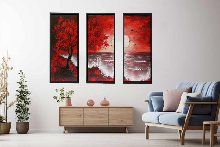  Red Beach Art Painting Set of 3