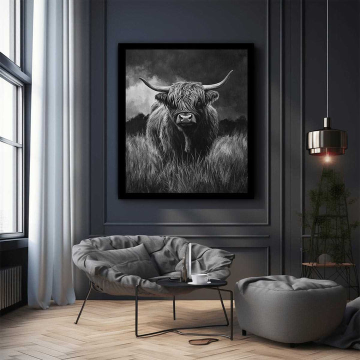  Highlind Cow In Black And White Canvas Painting 