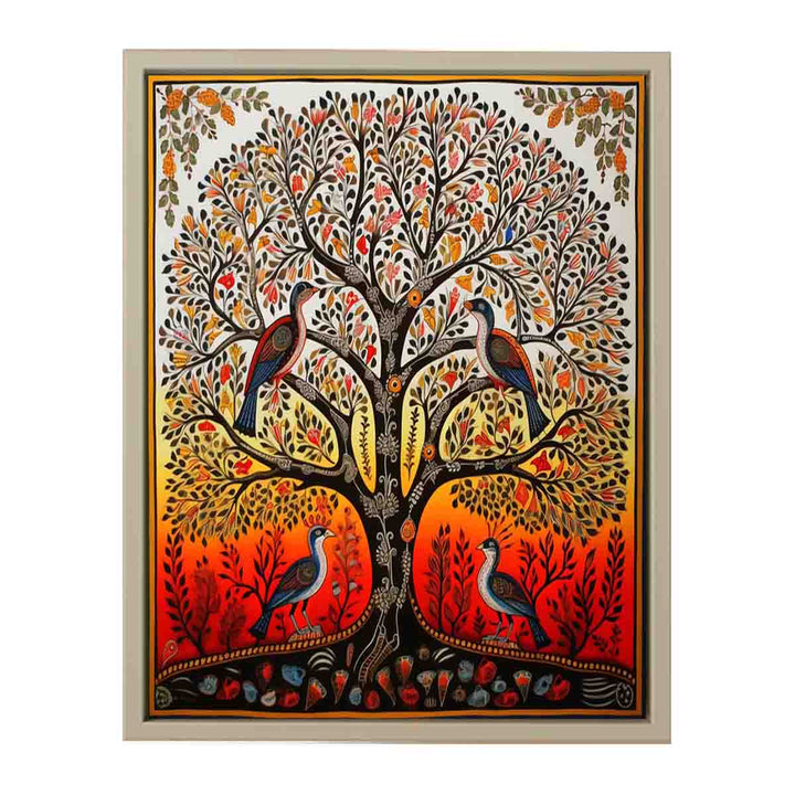 Madhubani Birds And Tree Art  framed Print