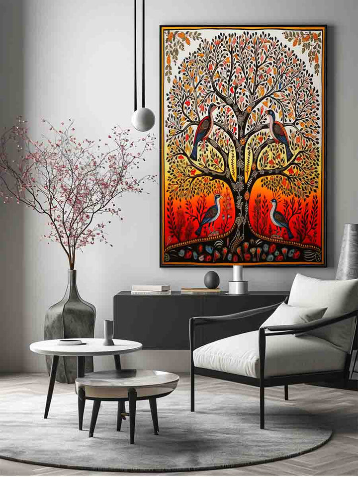 Madhubani Birds And Tree Art  Print