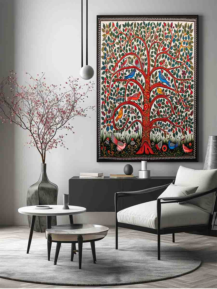 Madhubani Birds And Tree Art  Print