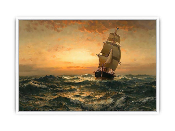 Ship at Sea, Sunset Framed Print