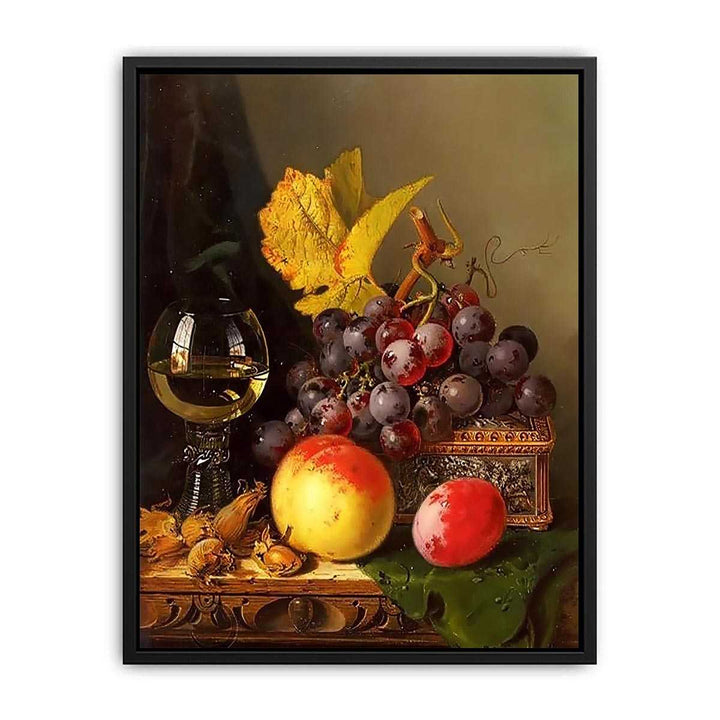 A Still Life of Black Grapes, a Peach, a Plum, Hazelnuts, a Metal Casket and a Wine Glass on a Carved Wooden Ledge  Painting