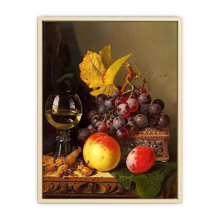 A Still Life of Black Grapes, a Peach, a Plum, Hazelnuts, a Metal Casket and a Wine Glass on a Carved Wooden Ledge  Art Print