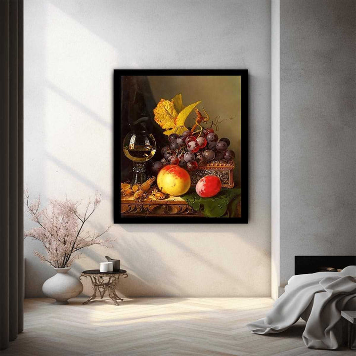 A Still Life of Black Grapes, a Peach, a Plum, Hazelnuts, a Metal Casket and a Wine Glass on a Carved Wooden Ledge 