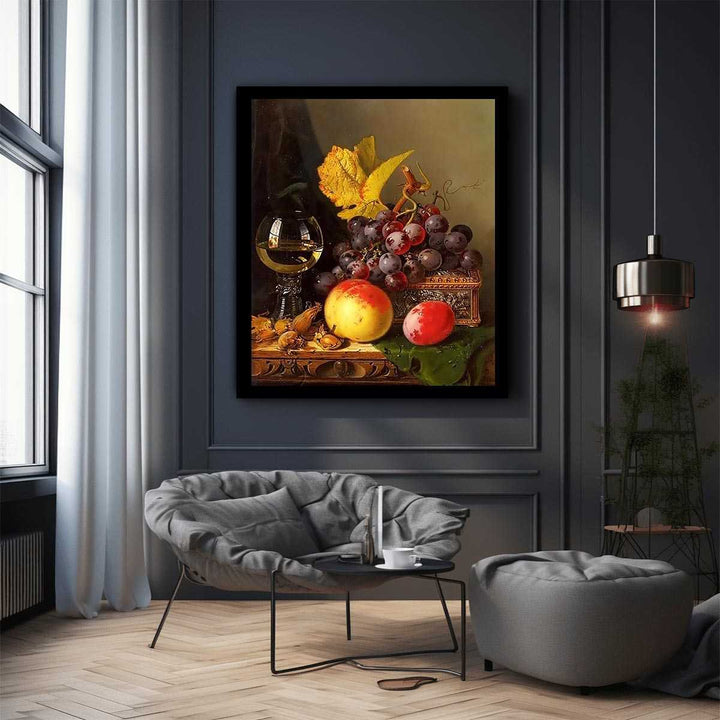 A Still Life of Black Grapes, a Peach, a Plum, Hazelnuts, a Metal Casket and a Wine Glass on a Carved Wooden Ledge 