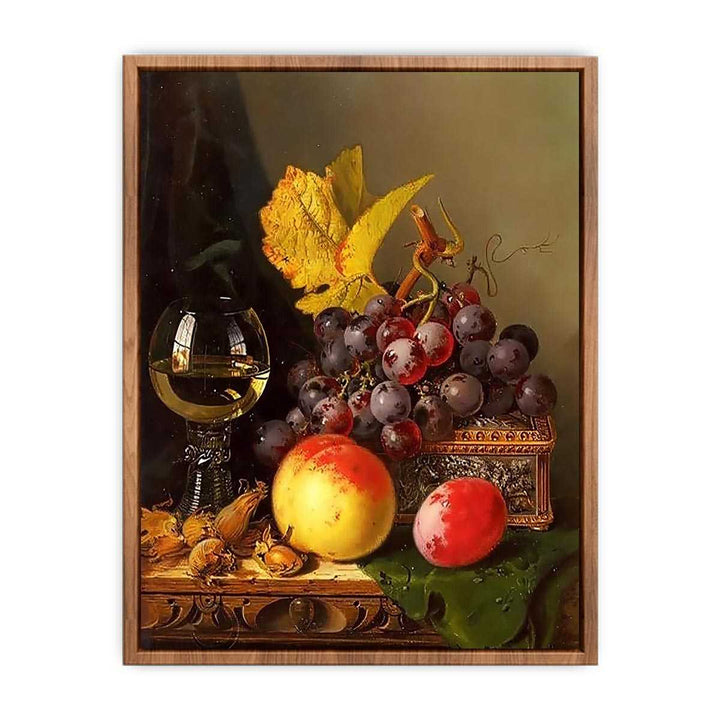 A Still Life of Black Grapes, a Peach, a Plum, Hazelnuts, a Metal Casket and a Wine Glass on a Carved Wooden Ledge  Poster