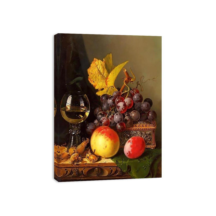 A Still Life of Black Grapes, a Peach, a Plum, Hazelnuts, a Metal Casket and a Wine Glass on a Carved Wooden Ledge Canvas Print