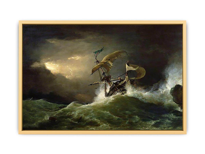 A First rate Man-of-War driven onto a reef of rocks, floundering in a gale Streched canvas