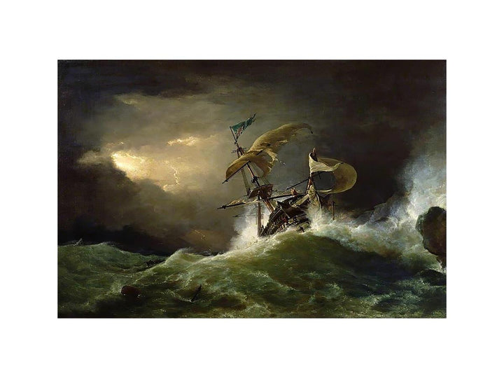 A First rate Man-of-War driven onto a reef of rocks, floundering in a gale
