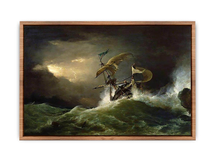 A First rate Man-of-War driven onto a reef of rocks, floundering in a gale  Poster