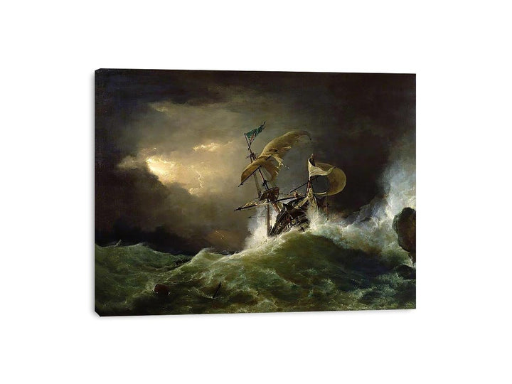 A First rate Man-of-War driven onto a reef of rocks, floundering in a gale Canvas Print