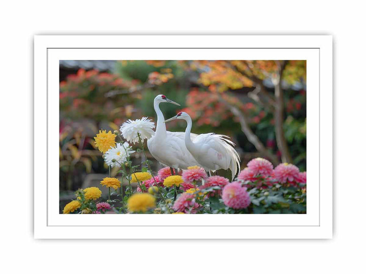 Cranes and Chrysanthemums Streched canvas