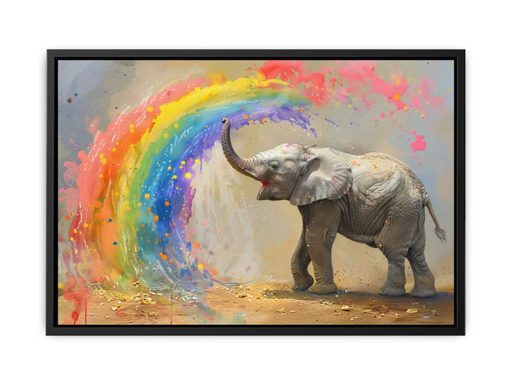 Baby Elephant Spraying Rainbow canvas Print