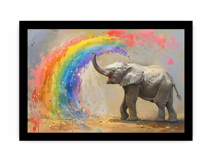 Baby Elephant Spraying Rainbow framed Print