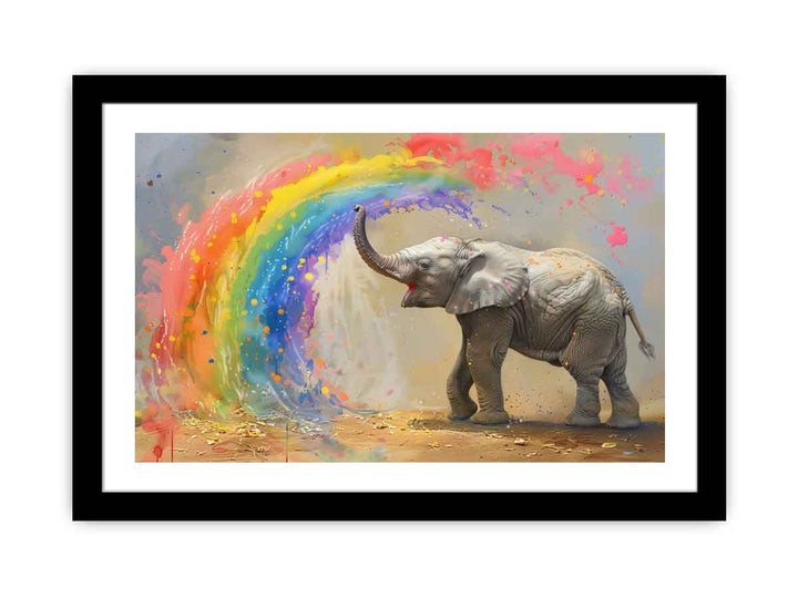 Baby Elephant Spraying Rainbow framed Print