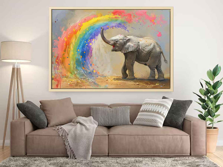 Baby Elephant Spraying Rainbow Art Print