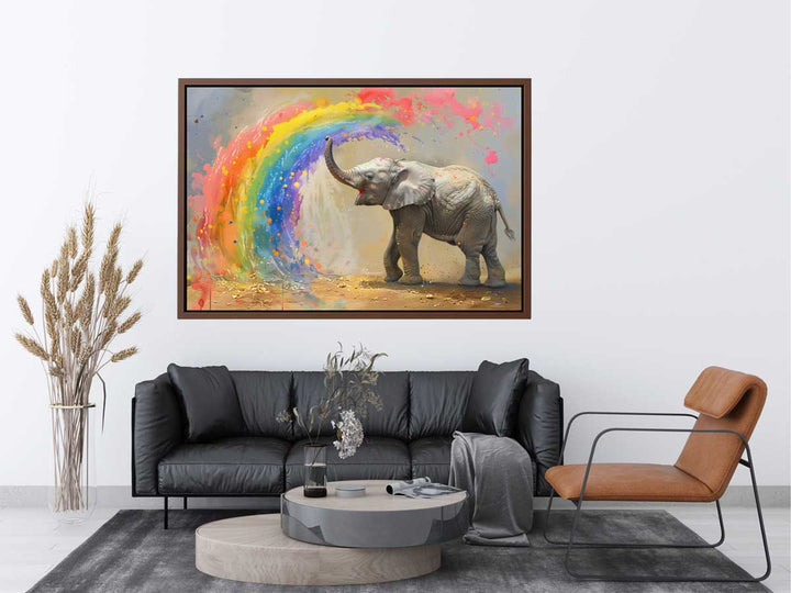 Baby Elephant Spraying Rainbow Art Print