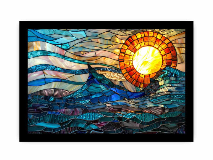 Ocean Sunset Glass Art framed Print