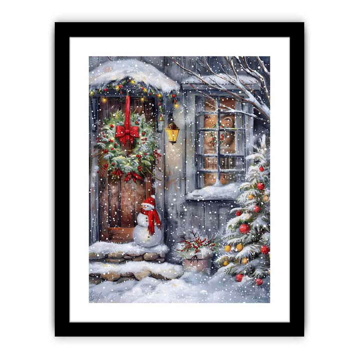 Snowman At Door  Art Print