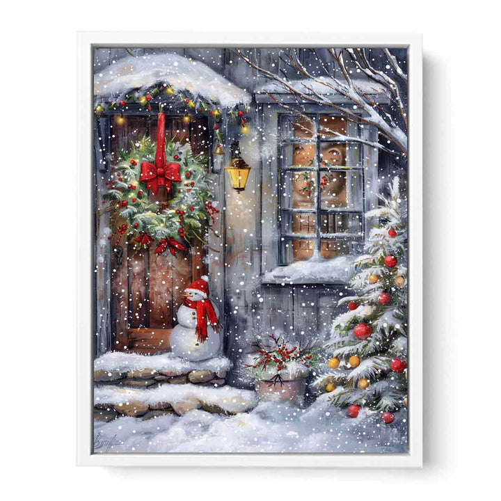 Snowman At Door Framed Print