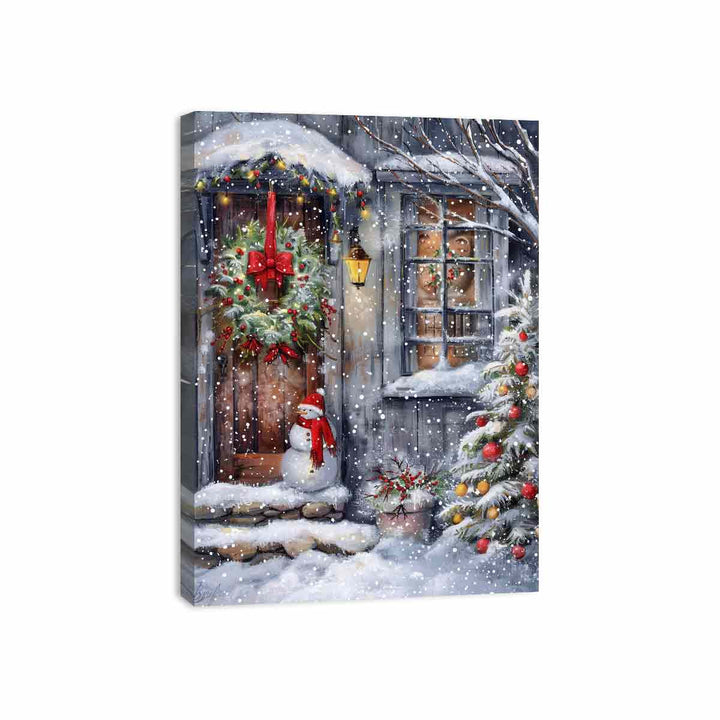 Snowman At Door Canvas Print