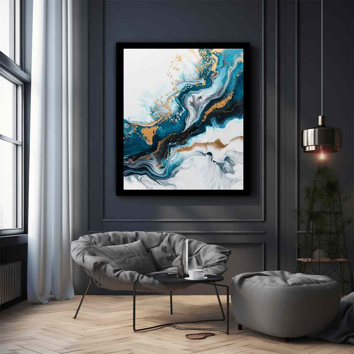 Blue Gold  Waves Painting  